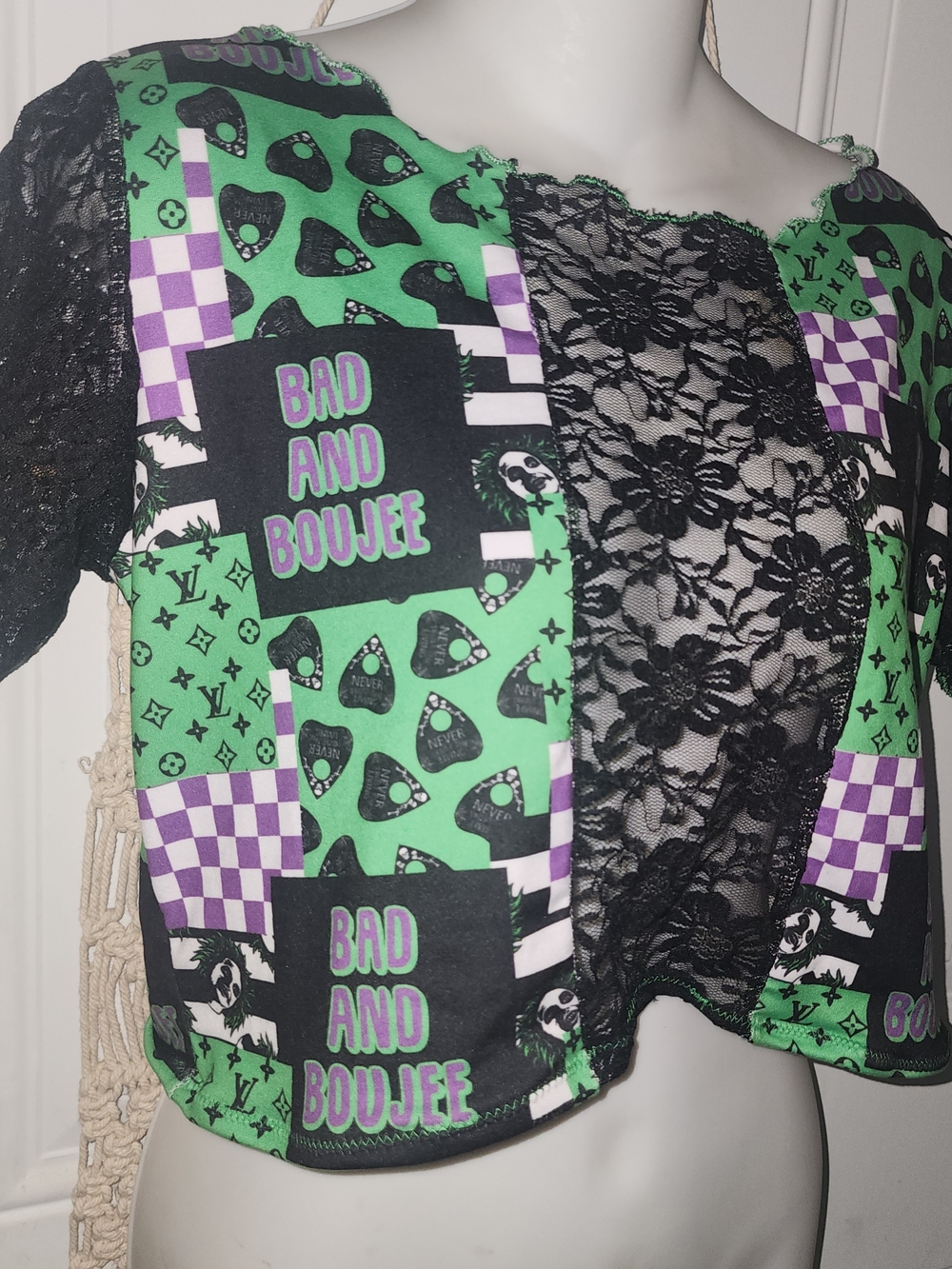 Large Handmade Lace Crop Top Beetlejuice Boujee Goth Spooky Sexy Halloween Shirt